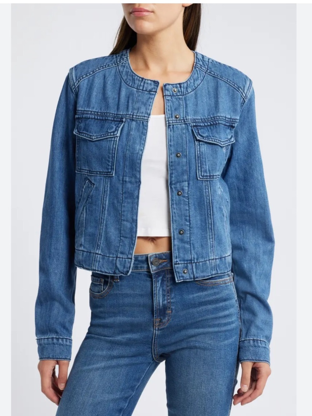 HIDDEN JEANS Collarless Denim Trucker Jacket Blue